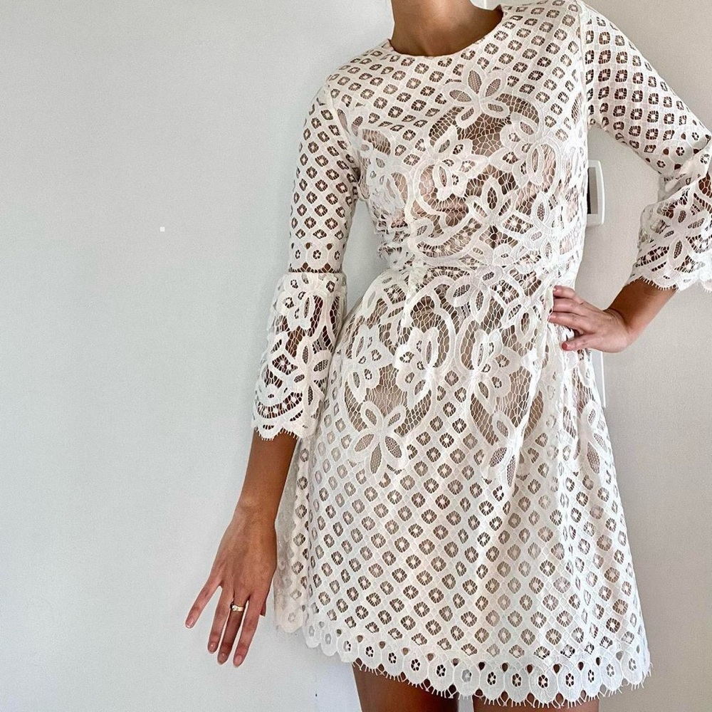 ABS | White lace bell sleeve mini dress | Size 2